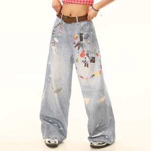 VILZSTUDIOS Trendy wide-leg jeans with playful charm prints