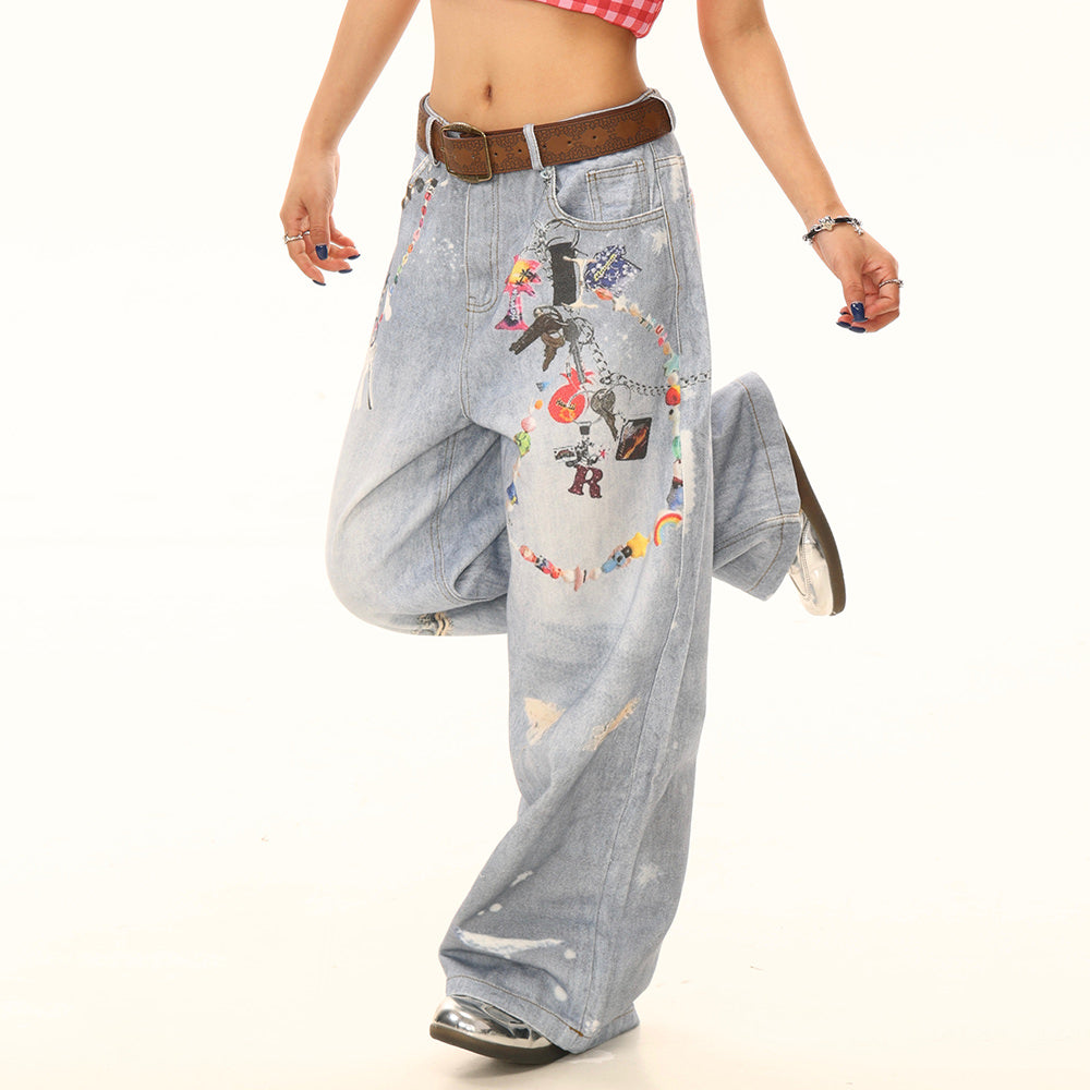 VILZSTUDIOS Trendy wide-leg jeans with playful charm prints