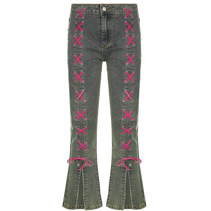 VILZSTUDIOS Y2K lace-up denim jeans for streetwear fashion