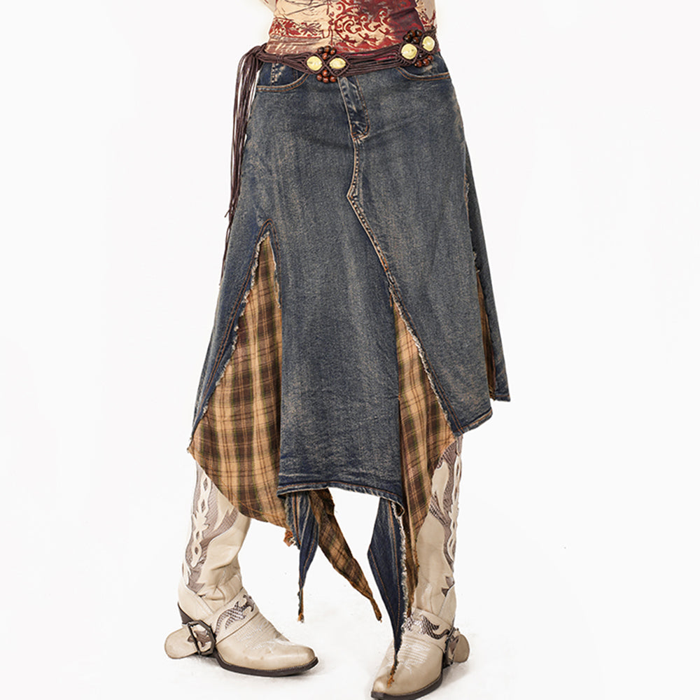 VILZSTUDIOS Y2K patchwork plaid denim skirt