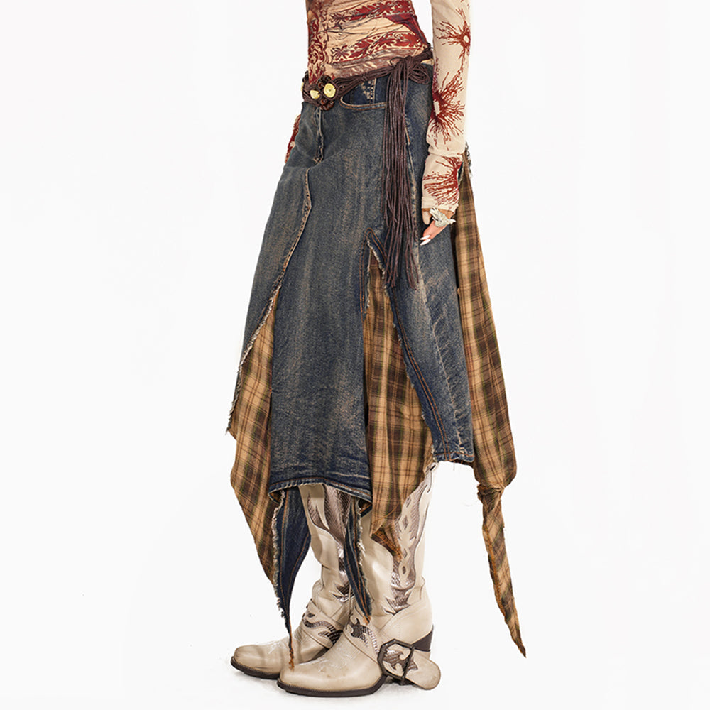 VILZSTUDIOS Y2K patchwork plaid denim skirt