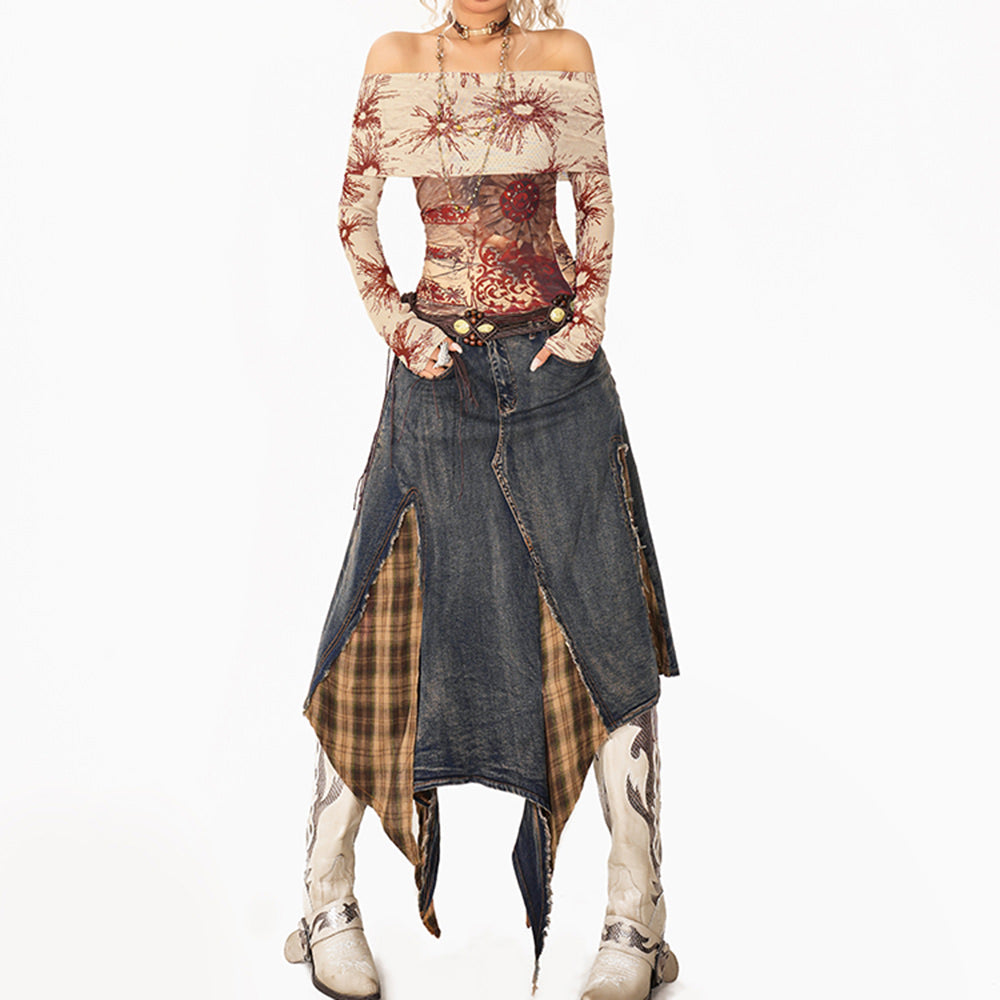 VILZSTUDIOS Y2K patchwork plaid denim skirt