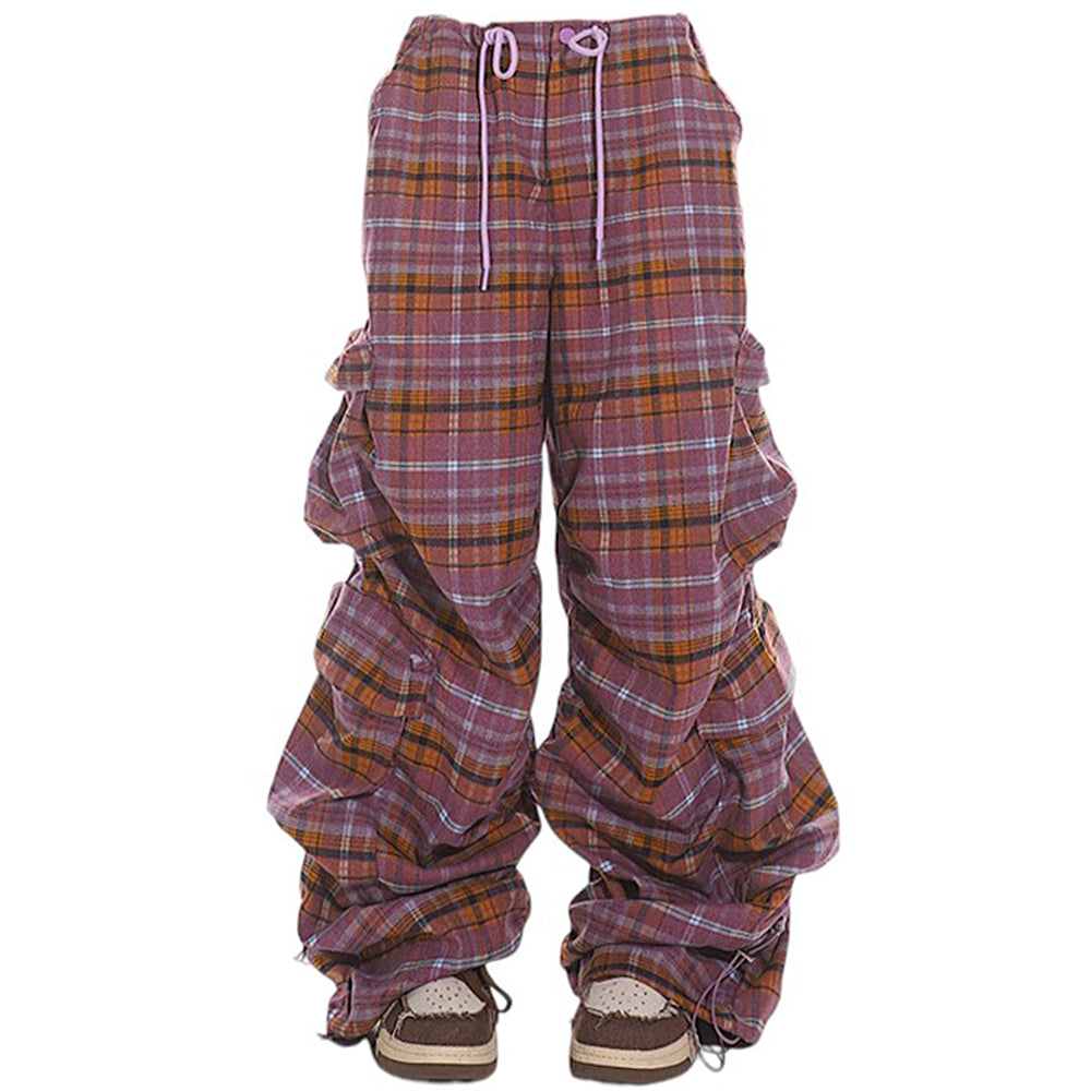 VILZSTUDIOS Plaid baggy cargo pants with utility pockets