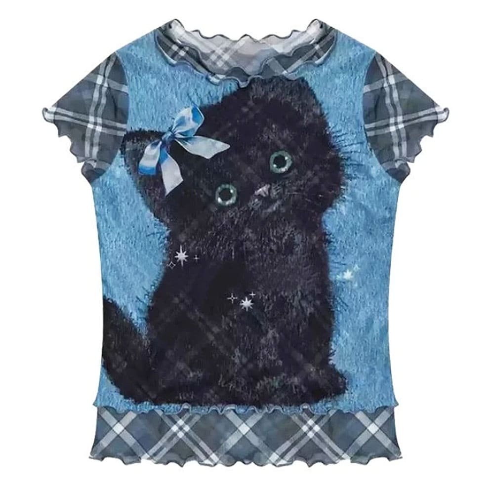 VILZSTUDIOS Black kitten print Y2K plaid top
