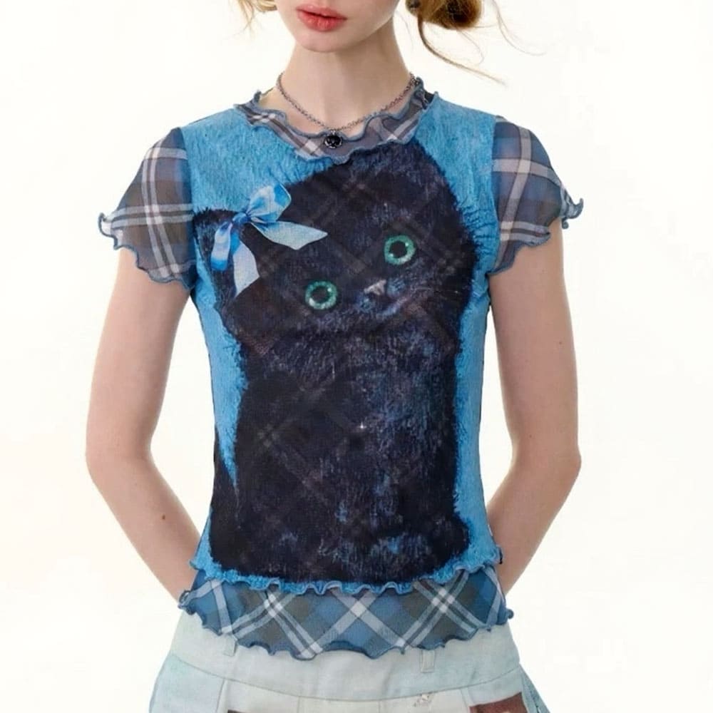 VILZSTUDIOS Black kitten print Y2K plaid top