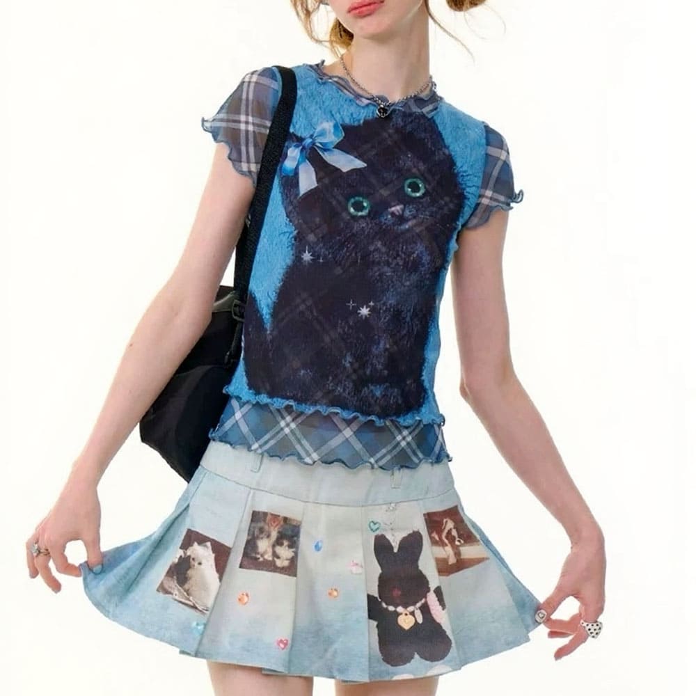 VILZSTUDIOS Black kitten print Y2K plaid top
