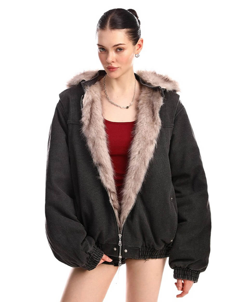 VILZSTUDIOS Y2K plush fur bomber jacket for streetwear fashion