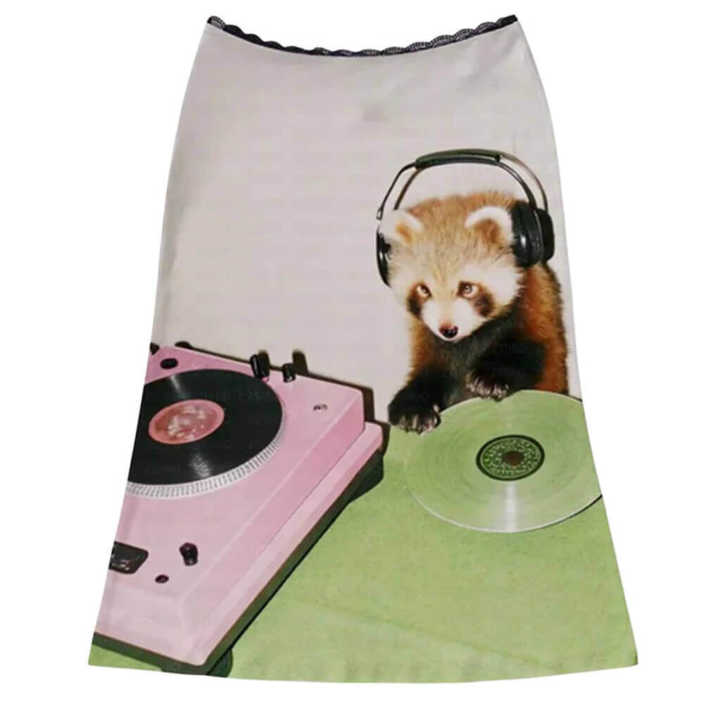 VILZSTUDIOS Y2K-inspired red panda DJ graphic midi skirt from VILZSTUDIOS