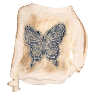 VILZSTUDIOS Butterfly knit sweater in beige with embroidered design