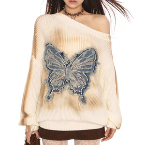 VILZSTUDIOS Butterfly knit sweater in beige with embroidered design