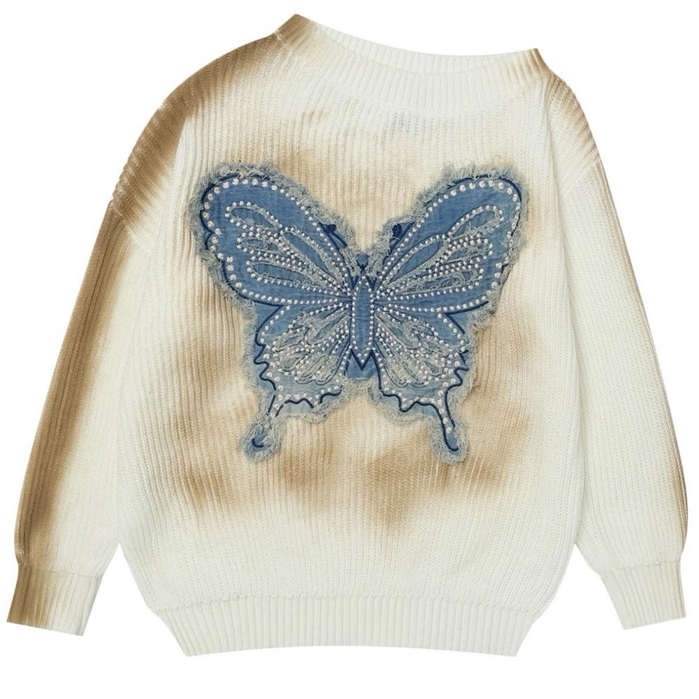 VILZSTUDIOS Butterfly knit sweater in beige with embroidered design