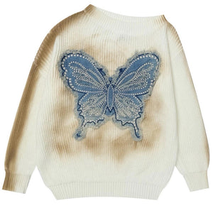 VILZSTUDIOS Butterfly knit sweater in beige with embroidered design