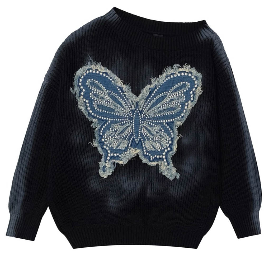 VILZSTUDIOS Butterfly knit sweater in beige with embroidered design
