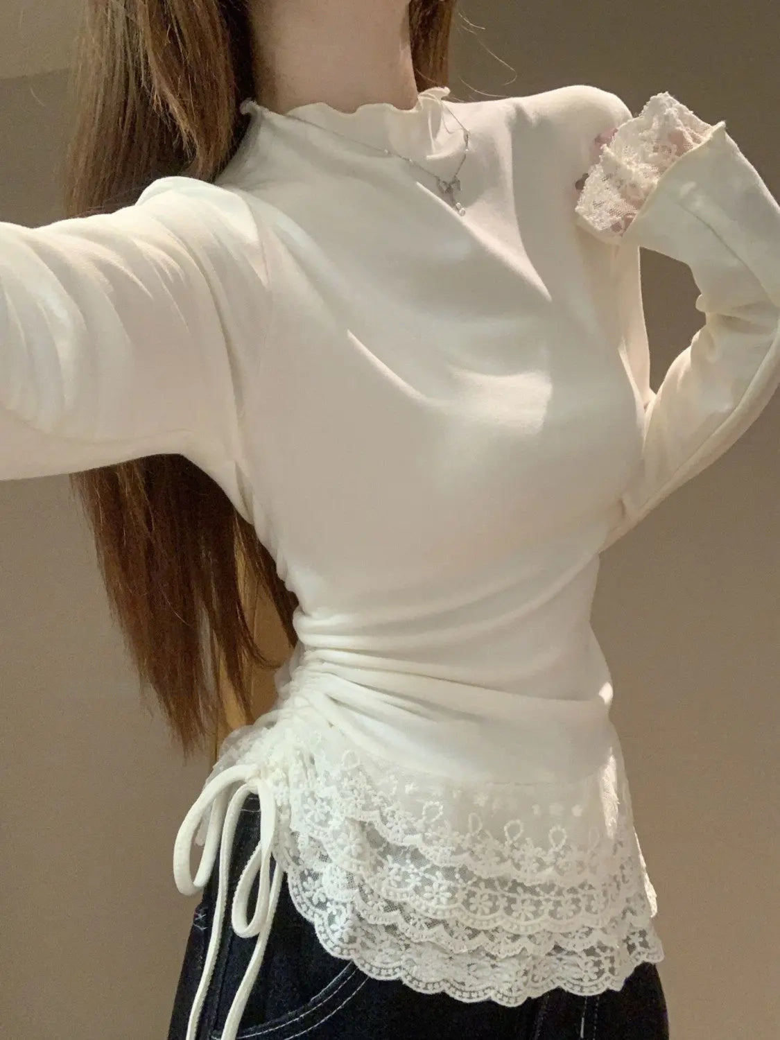 VILZSTUDIOS Brushed Turtleneck Lace Blouse